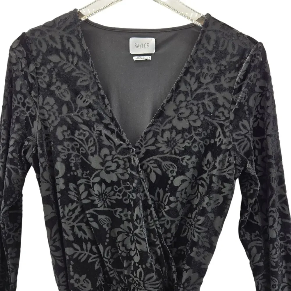 Anthropologie Saylor Romper Womens Small Black Burnout Velvet Floral Long Sleeve